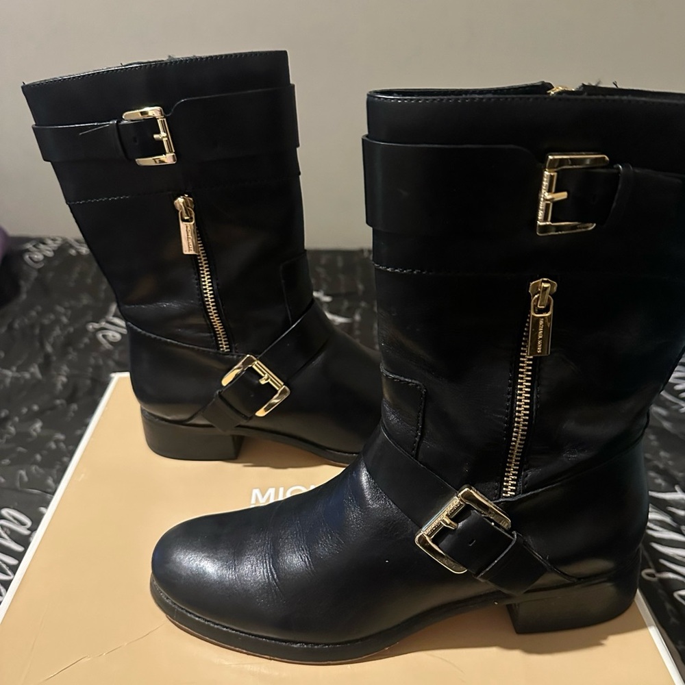 Michael Kors Black Moto Boots with Gold Accents